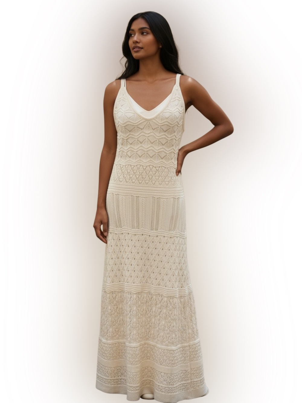 NWT Caroline Constas Openwork Crochet Knit Maxi Dress Ivory Cream Medium Chic - Picture 2 of 9